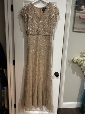 Adrianna Papell Champagne Beaded Cap Sleeve Evening Gown